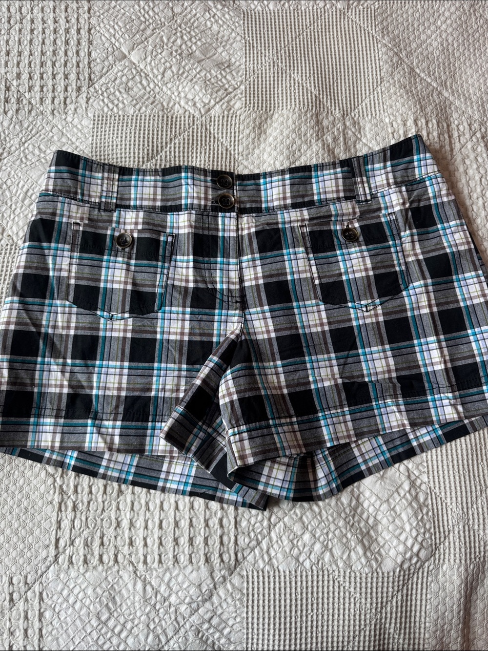 New York & Company Black, White & Teal Plaid Jean Shorts